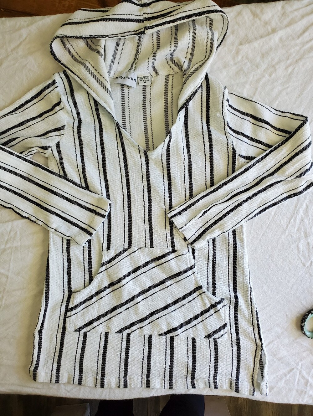 Raya Sun Black White Stripe Hooded Beach Pullover Baja Cover Up 100% Cotton M